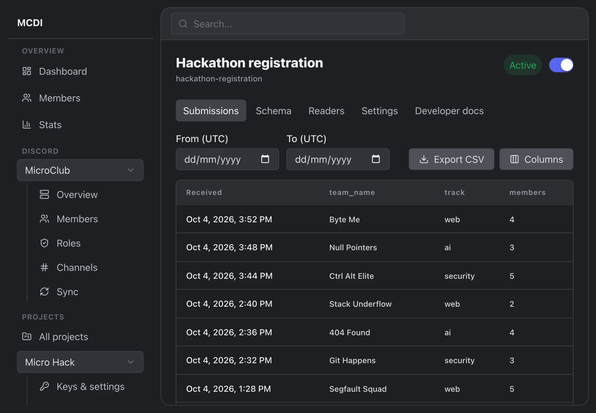 The MCID admin panel showing the submissions of a hackathon registration webhook: a table of teams with their track and email.